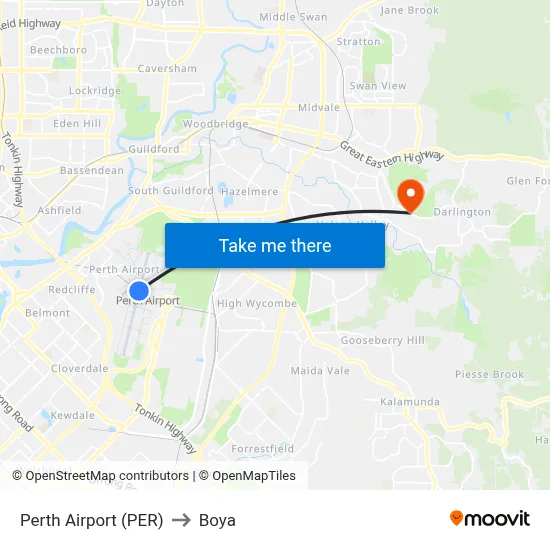Perth Airport (PER) to Boya map