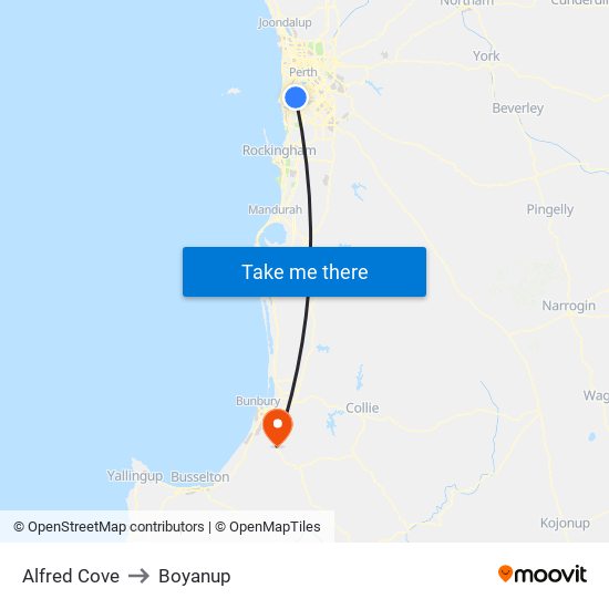 Alfred Cove to Boyanup map