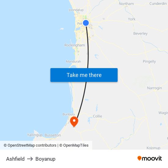 Ashfield to Boyanup map