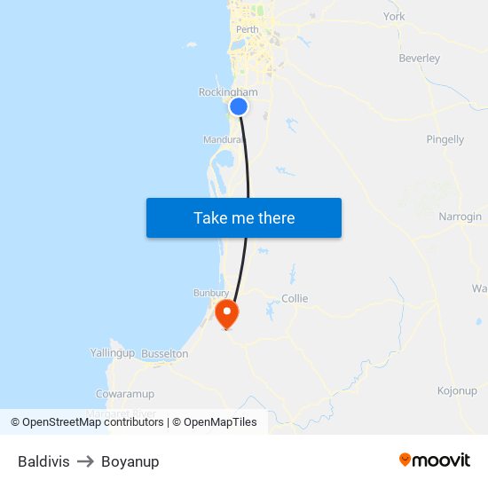 Baldivis to Boyanup map