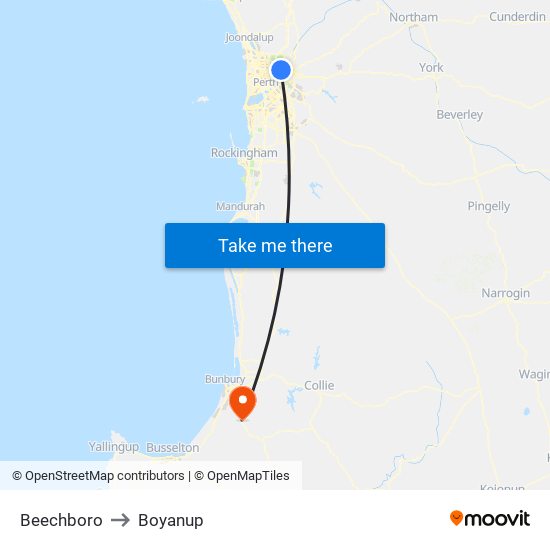 Beechboro to Boyanup map