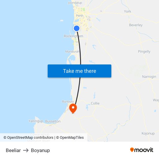 Beeliar to Boyanup map