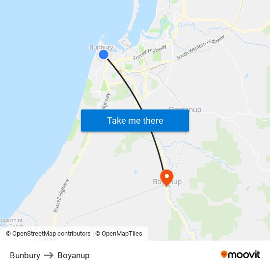 Bunbury to Boyanup map