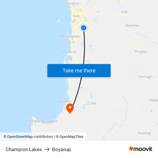 Champion Lakes to Boyanup map