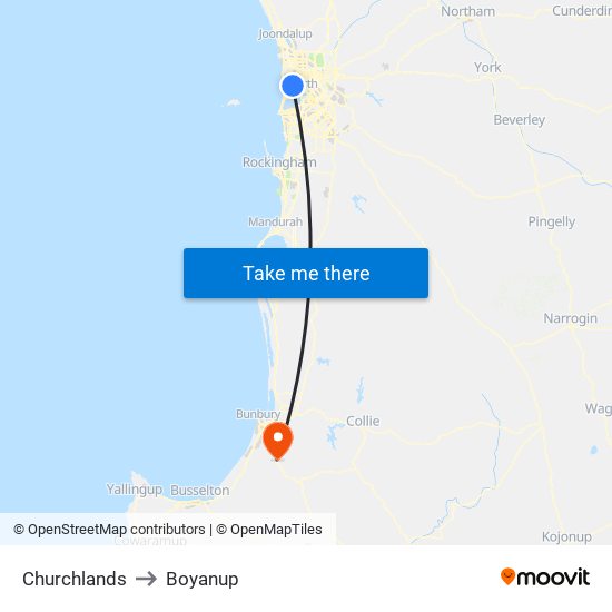 Churchlands to Boyanup map