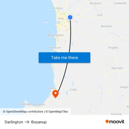 Darlington to Boyanup map