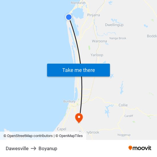 Dawesville to Boyanup map