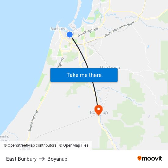 East Bunbury to Boyanup map