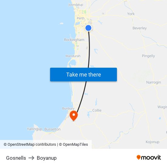 Gosnells to Boyanup map