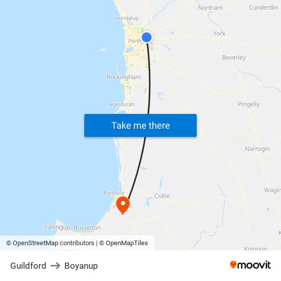 Guildford to Boyanup map