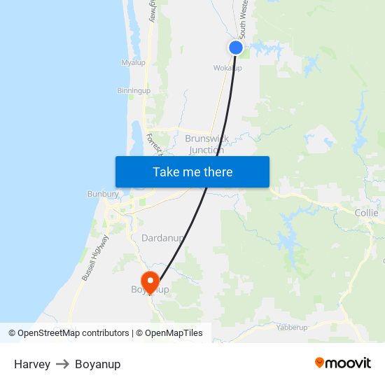 Harvey to Boyanup map