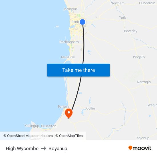 High Wycombe to Boyanup map