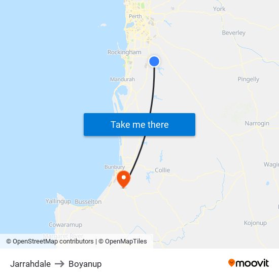 Jarrahdale to Boyanup map