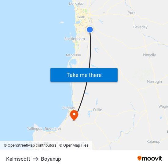 Kelmscott to Boyanup map