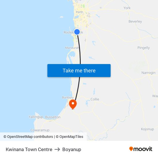 Kwinana Town Centre to Boyanup map