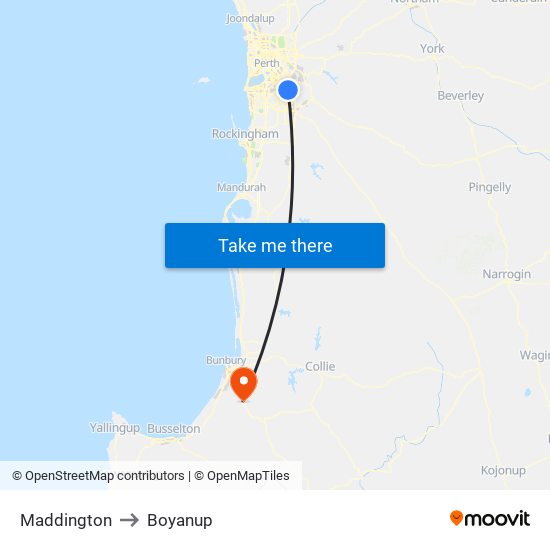 Maddington to Boyanup map