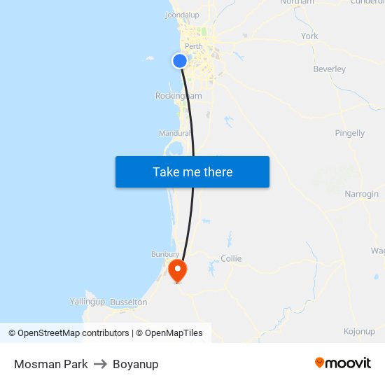 Mosman Park to Boyanup map