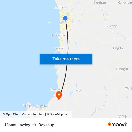 Mount Lawley to Boyanup map