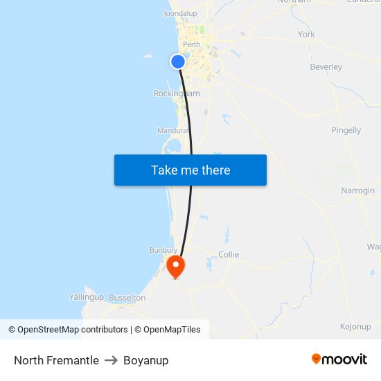 North Fremantle to Boyanup map