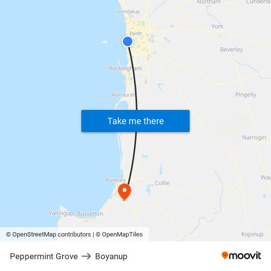 Peppermint Grove to Boyanup map