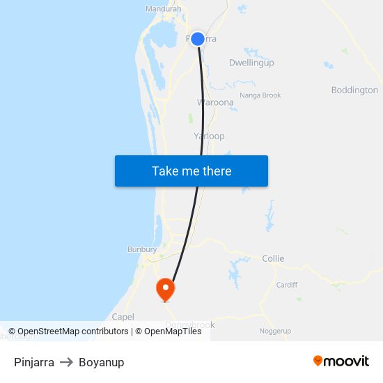 Pinjarra to Boyanup map