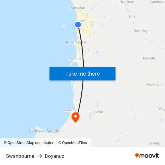 Swanbourne to Boyanup map