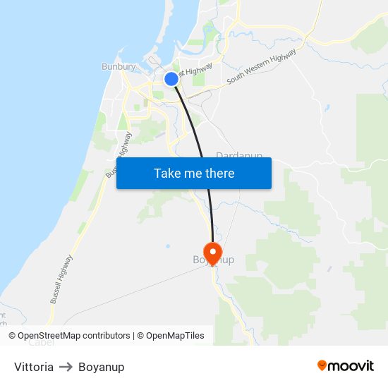 Vittoria to Boyanup map