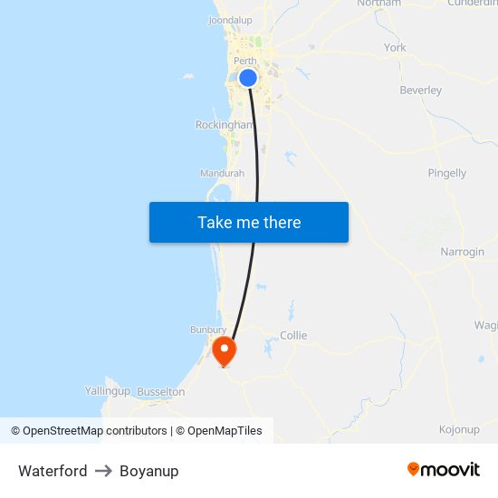 Waterford to Boyanup map