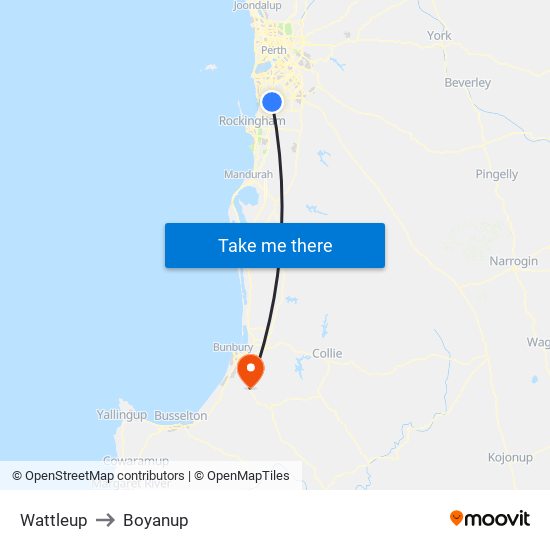 Wattleup to Boyanup map