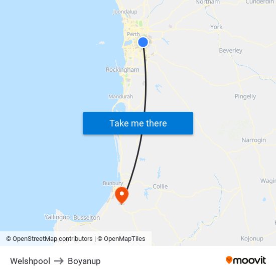 Welshpool to Boyanup map