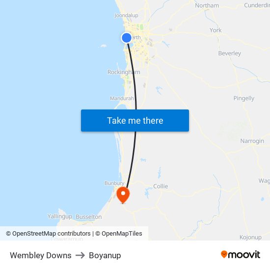 Wembley Downs to Boyanup map