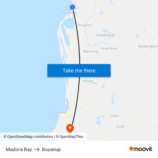 Madora Bay to Boyanup map