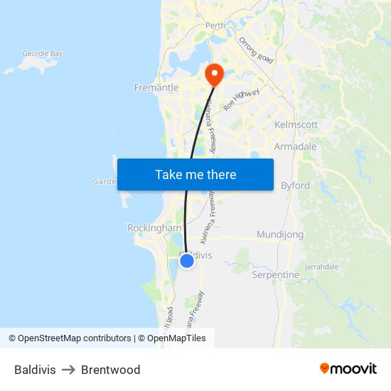 Baldivis to Brentwood map