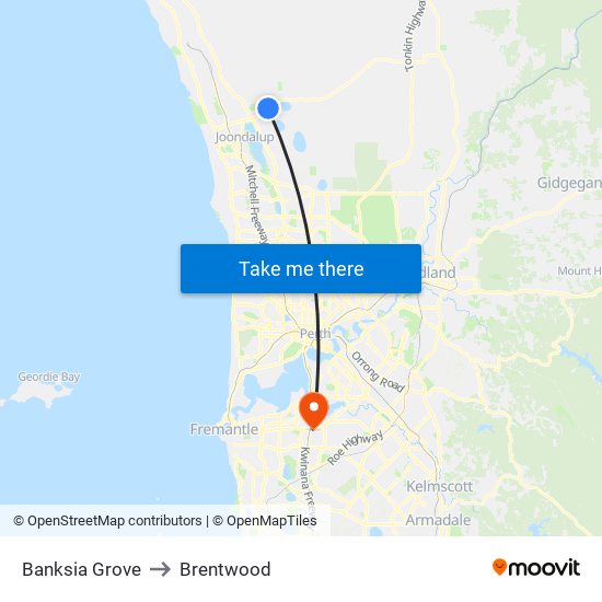 Banksia Grove to Brentwood map