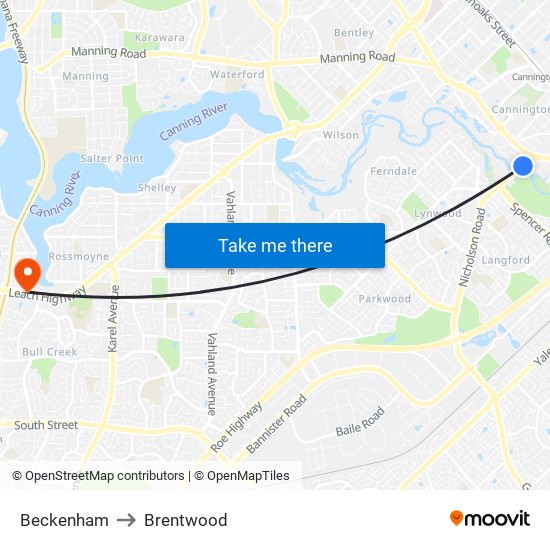 Beckenham to Brentwood map