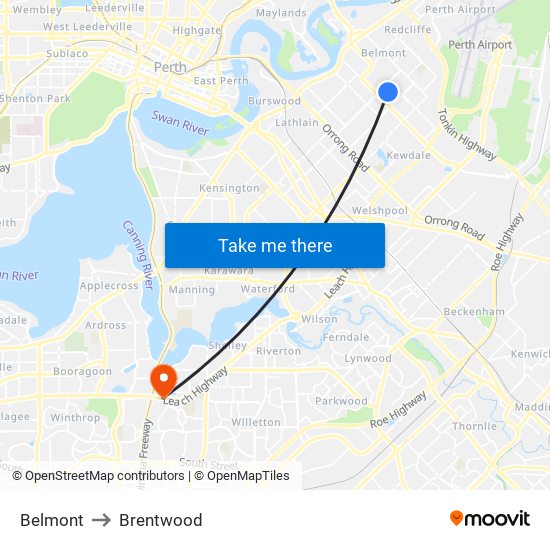 Belmont to Brentwood map