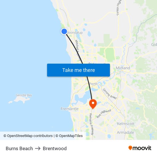Burns Beach to Brentwood map