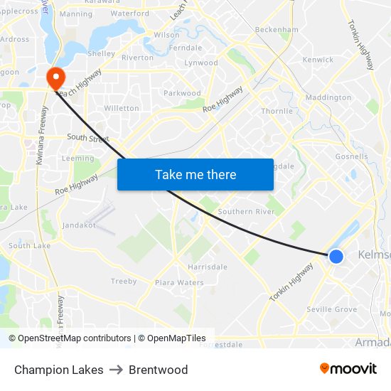 Champion Lakes to Brentwood map
