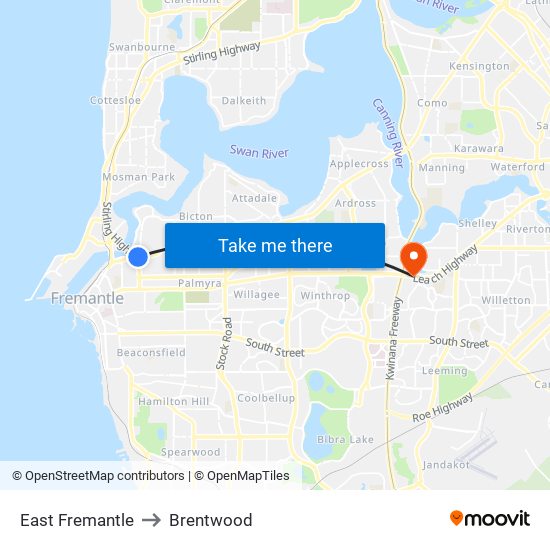 East Fremantle to Brentwood map