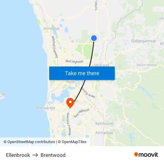 Ellenbrook to Brentwood map