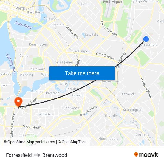 Forrestfield to Brentwood map