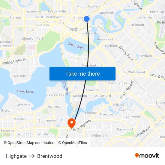 Highgate to Brentwood map