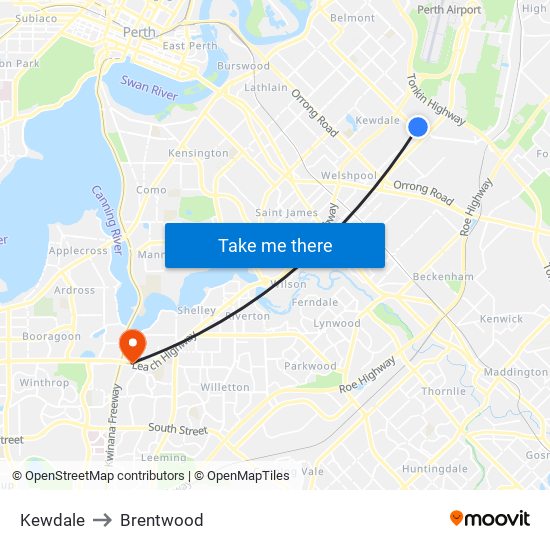 Kewdale to Brentwood map