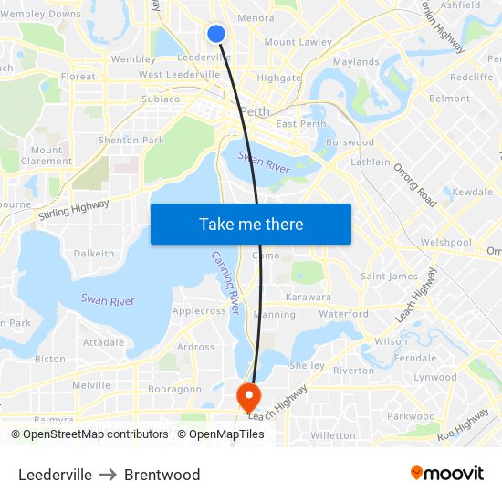 Leederville to Brentwood map