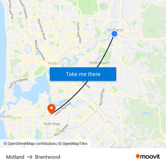 Midland to Brentwood map