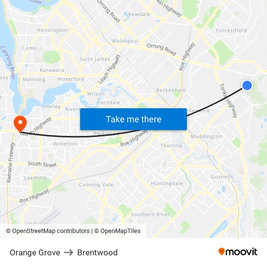 Orange Grove to Brentwood map