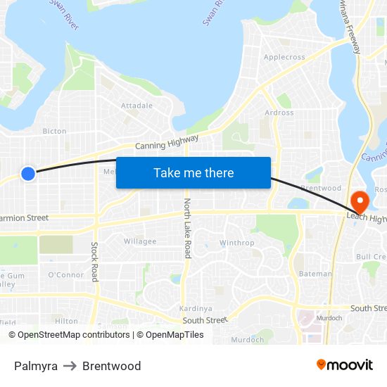 Palmyra to Brentwood map