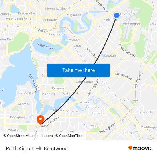 Perth Airport to Brentwood map