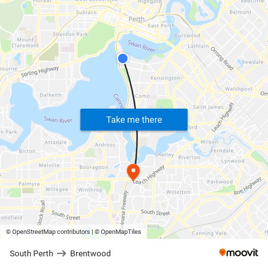 South Perth to Brentwood map