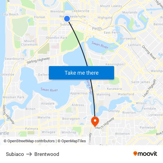 Subiaco to Brentwood map